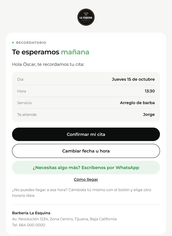 Correo de recordatorio de cita con el logo de Barbería La Esquina