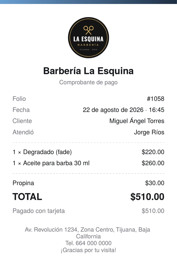 Comprobante de pago de Barbería La Esquina con su logo
